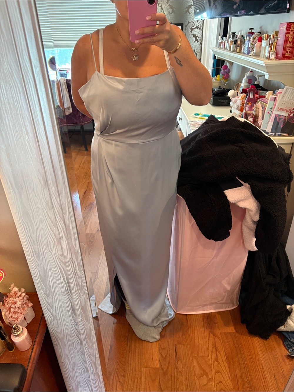 Jenny Yoo Silver Slip Maxi Dress with Spaghetti Straps